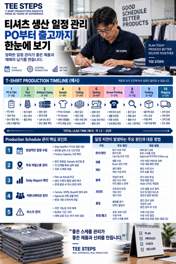 티셔츠 생산 일정은 어떻게 관리할까? PO부터 출고까지 25년 Production Schedule 실무 경험 1 Tee Steps T Shirt Production Timeline1