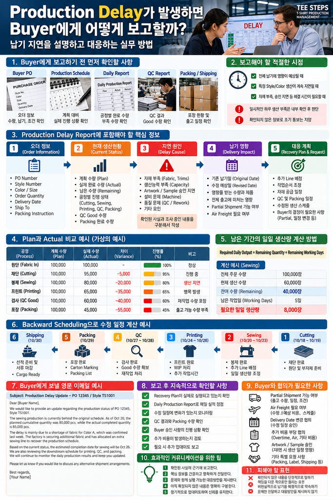Production Delay가 발생하면 Buyer에게 어떻게 보고할까? 납기 지연을 설명하고 대응하는 실무 방법 1 Production Delay Reporting Guide for T Shirt Manufacturing
